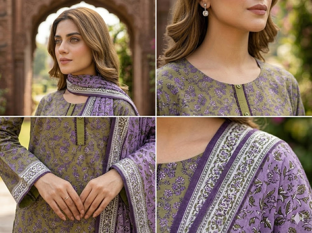 Green & Purple Premium Plain Lawn 3 Piece Full Stitched Ladies Suit | Class Is Everything Summer Collection | Office Wear, Casual & Daily Wear | Dubai UAE