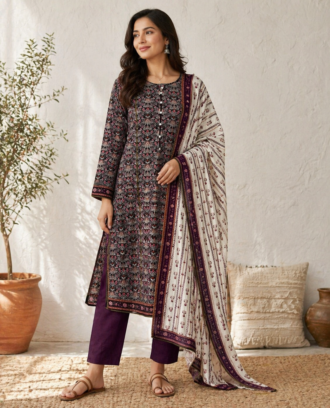 Dark Maroon & White Lawn 3 Piece Shalwar Kameez | Dubai UAE