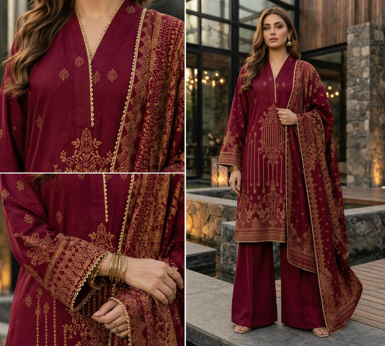 Jacquard Maroon & Gold Embroidered 3 Piece Stitched Ladies Suit | Pakistani Indian Luxury Dress | Office, Party & Home Wear | Dubai UAE | Al Kiswah