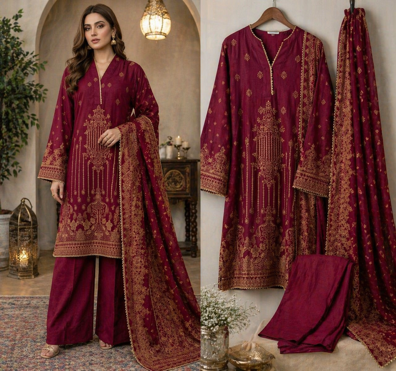 Jacquard Maroon & Gold Embroidered 3 Piece Stitched Ladies Suit | Pakistani Indian Luxury Dress | Office, Party & Home Wear | Dubai UAE | Al Kiswah